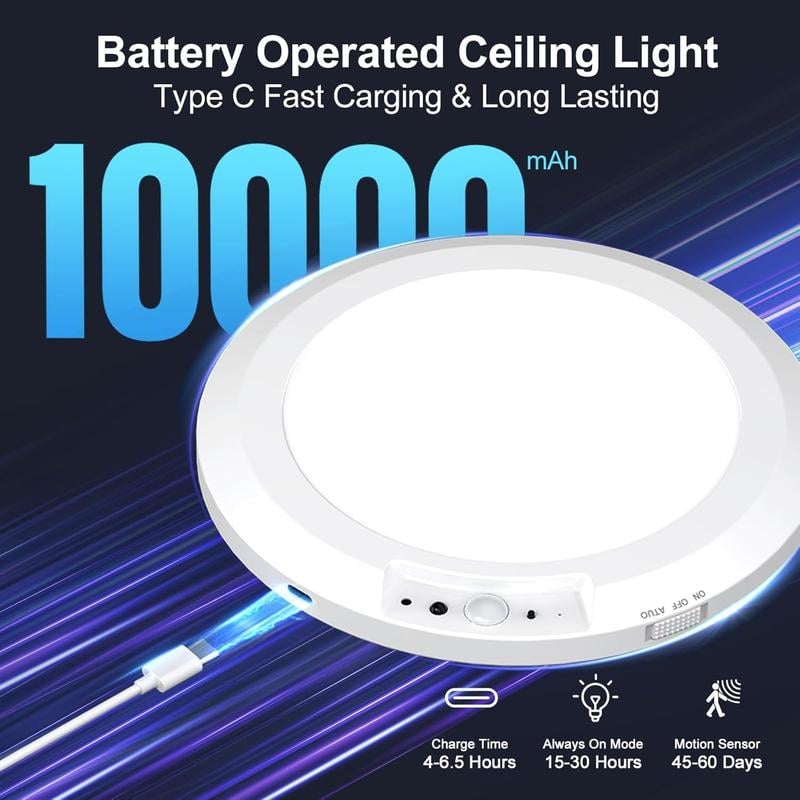Rechargeable Motion Sensor Ceiling Light with Remote - Magnetic Wireless Ceiling Light Battery Powered for Closet Shower Stairs Shed Hallway Porch Patio ect