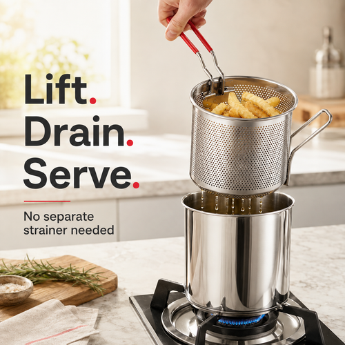 🔥🍟 Personal Mini Deep Fryer Set – Stainless Steel Pot with Lift-Out Draining Basket & Food Tongs