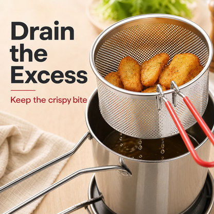 🔥🍟 Personal Mini Deep Fryer Set – Stainless Steel Pot with Lift-Out Draining Basket & Food Tongs