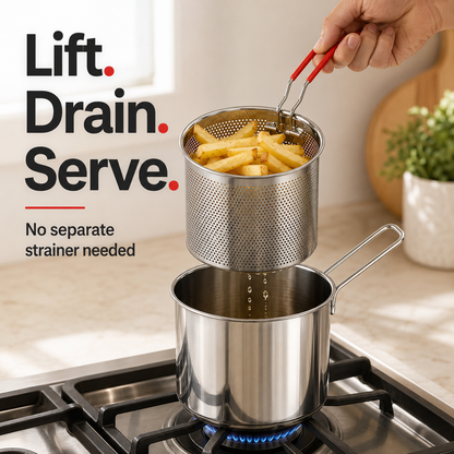 🔥🍟 Personal Mini Deep Fryer Set – Stainless Steel Pot with Lift-Out Draining Basket & Food Tongs