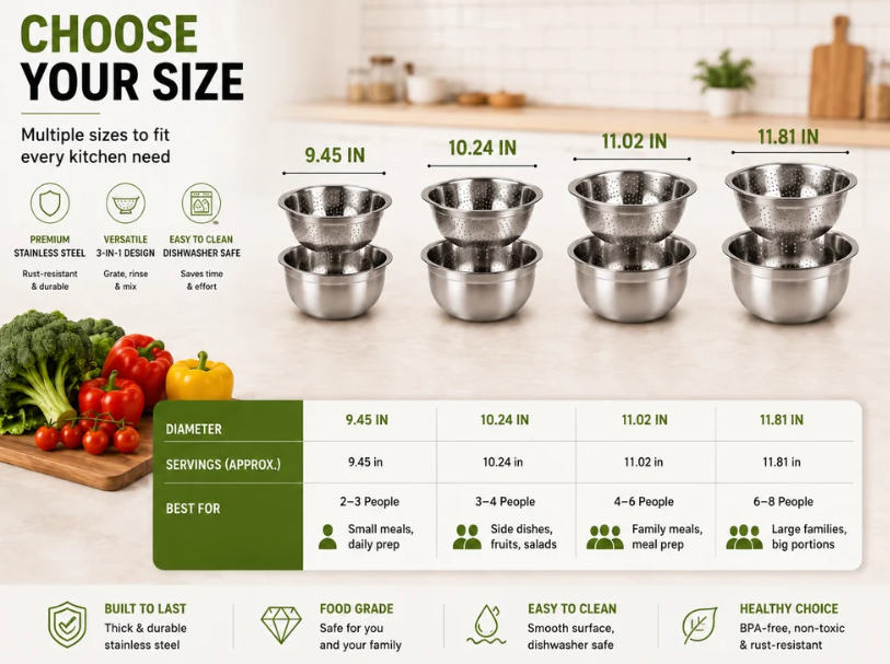3-Piece Thickened Stainless Steel Mixing Bowl Set with Draining Basket
